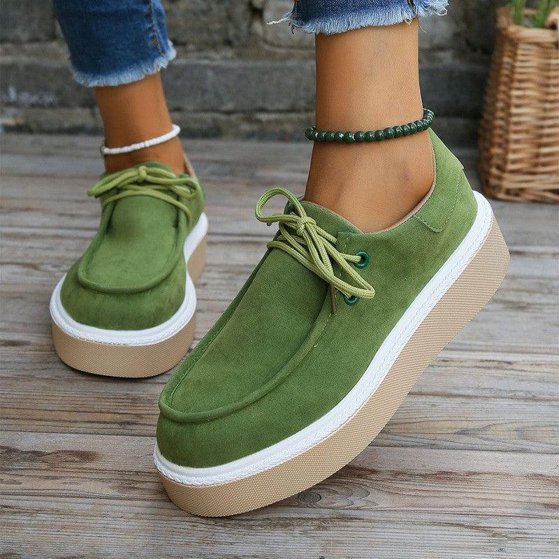 Cheky - New Thick Bottom Lace-up Flats Women Solid Color Casual Fashion Lightweight Walking Sports Shoes