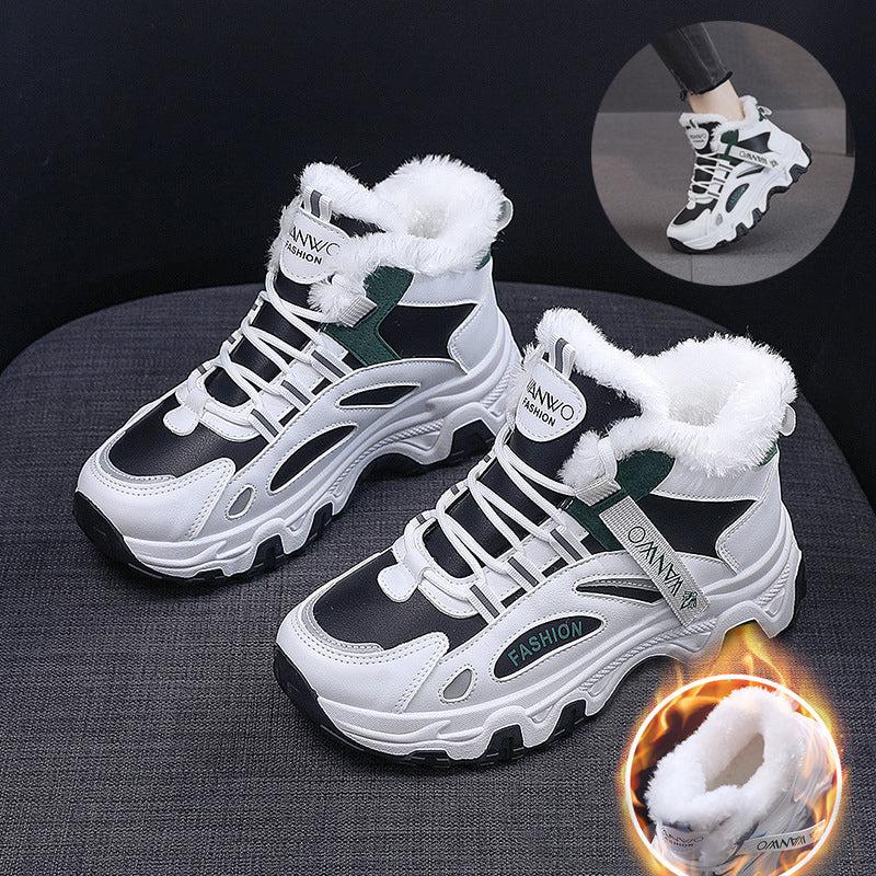 Cheky - Fashion Black White Lace-up Sneakers Winter Warm All-match Plush Shoes Women Plus Velvet Fleece Flat High-top Sports Shoes