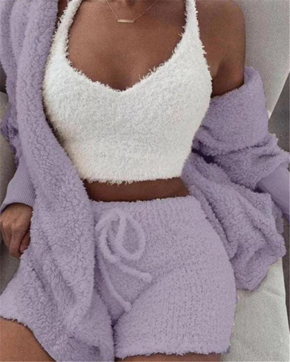 Cheky - Winter Sexy Women Home Wear Suit Casual Pajamas Set Lady Female Soft Warm Long Sleeve Exposed Navel Vest Shorts Set