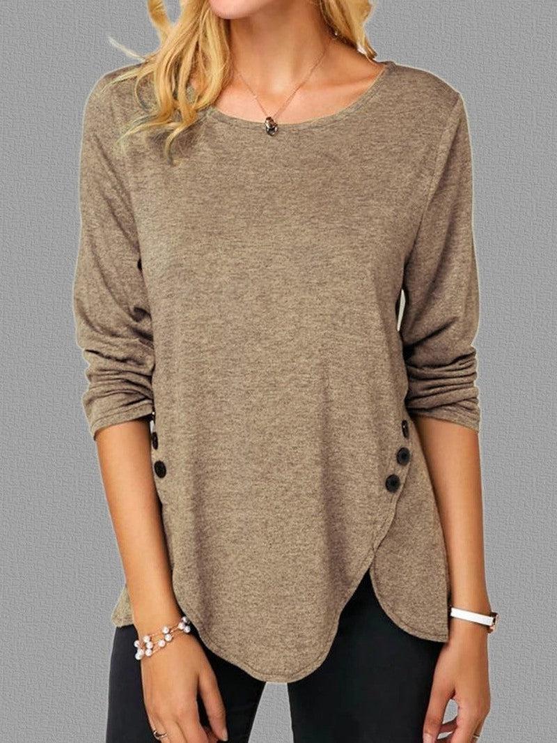 Cheky - Spring And Summer Hot Style Irregular Button Hem Long Sleeve Round Neck T-shirt