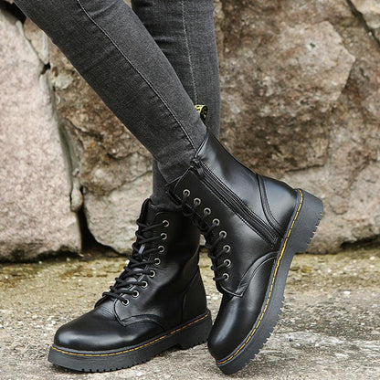 Cheky - Fashion Lace-up Boots For Women Autumn And Winter Black White Zipper Mid-calf Boots Elegant Low Heel Shoes