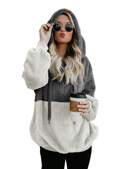 Cheky - Women Casual Plush Hoodies Zipper Patchwork Hooded Drawstring Sweatshirt Autumn Winter Lady Hooded Warm Loose Tops