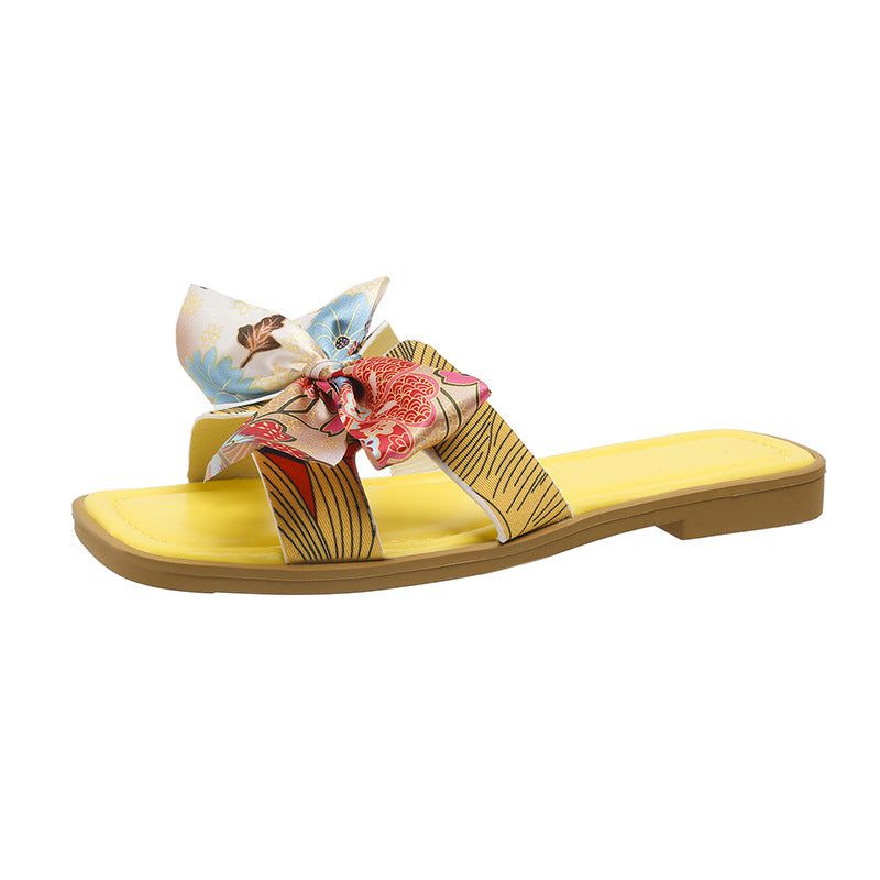 Cheky - Ribbon Bow Sandals Summer New Square Toe Low Heel Sandal For Women Slides Fashion Casual Beach Shoes