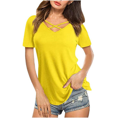 Cheky - Front Cross VNeck Short Sleeve Loose TShirt Women