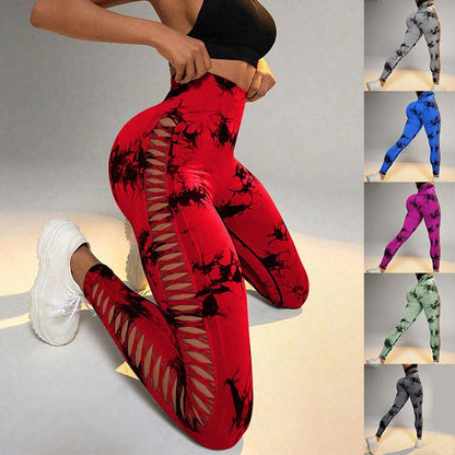 Cheky - Hollow Tie Dye Printed Yoga Pants High Waist Butt Lift Seamless Sports Gym Fitness Leggings Slim Pants For Women Tight Trousers