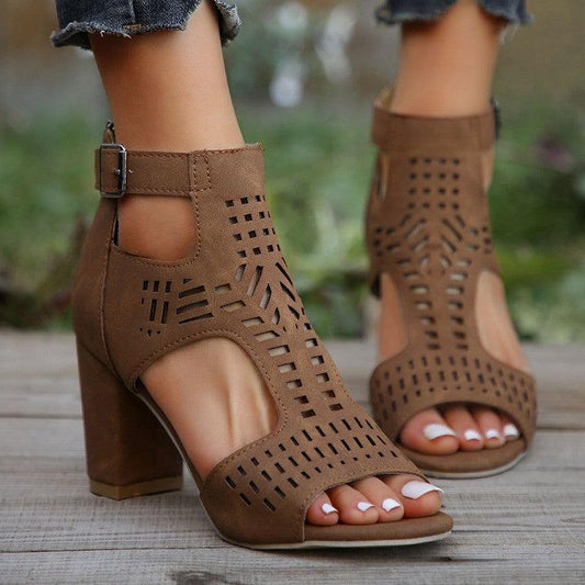 Cheky - New High Square Heel Hollow Roman Shoes With Back Zipper Design Summer Fashion Sandals For Women