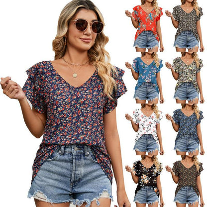 Cheky - Women's Tops Casual V Neck Tops Ruffle Short Sleeve T Shirt Blouses