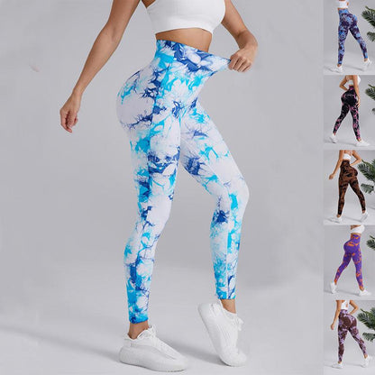 Cheky - Tie-dye Printed Yoga Pants Fashion Seamless High-waisted Hip-lifting Trousers Sports Running Fitness Pants For Womens Clothing