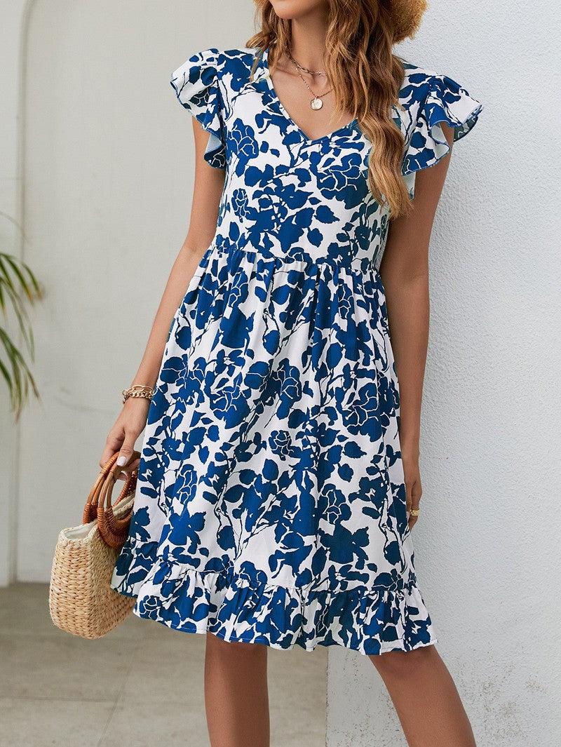 Cheky - Leaf Print Dress Summer V-neck Ruffled Sleeveless A-Line Dresses Fashion Casual Holiday Beach Dress For Womens Clothing