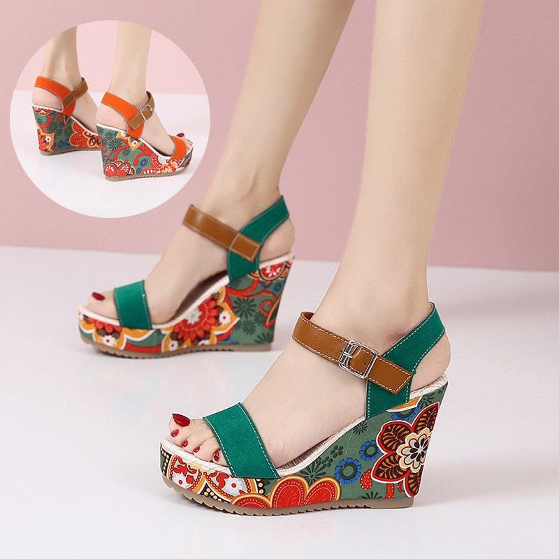 Cheky - Fashion Flowers Embroidered High Wedge Sandals For Women Summer Toe Platform Buckle Shoes