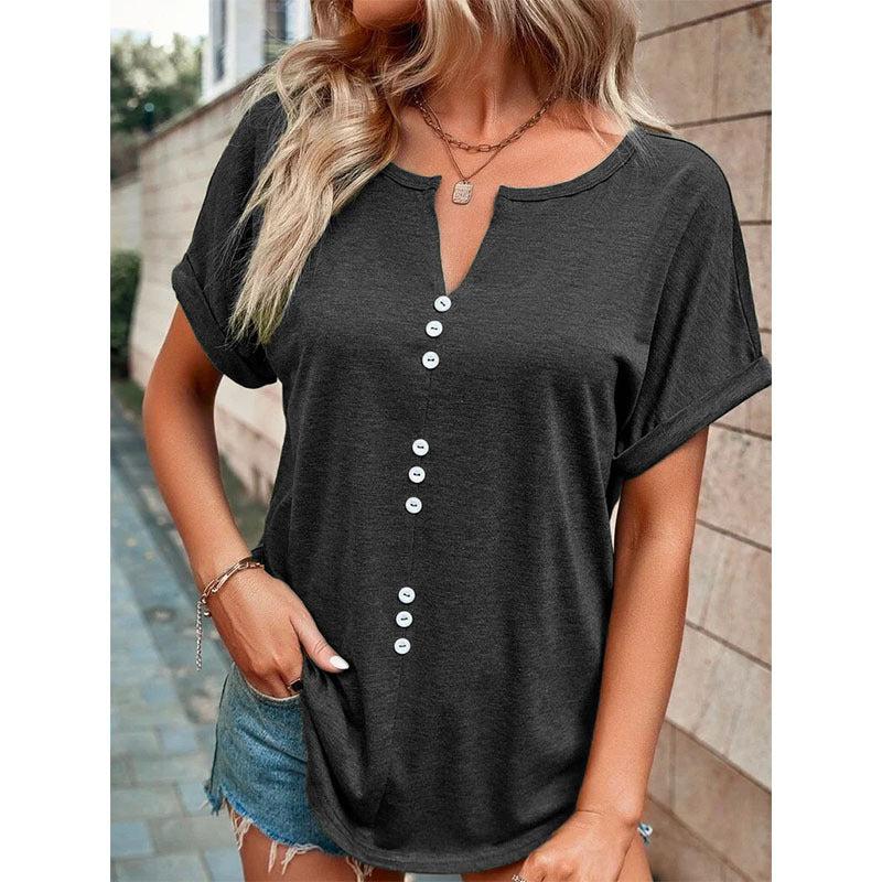 Cheky - V-neck Short Sleeve Tops Shirt Summer Button Design Blouse