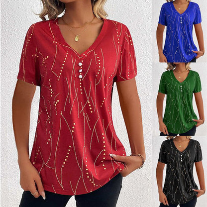 Cheky - New V-neck Printed Button T-shirt Summer Fashion Leisure Short-sleeved Top Womens Clothing