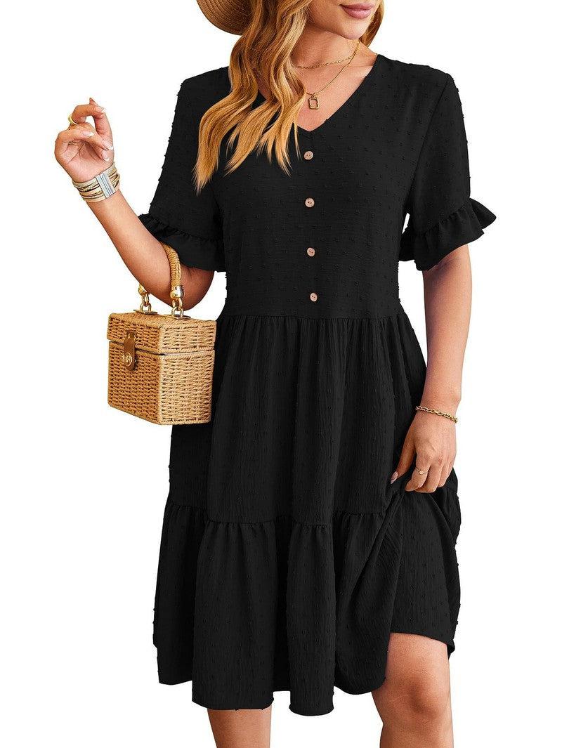 Cheky - New V-neck Ruffle Short-sleeved Dress Summer Casual Fashion Button Jacquard Design Pleated Dresses Solid Color Womens Clothing