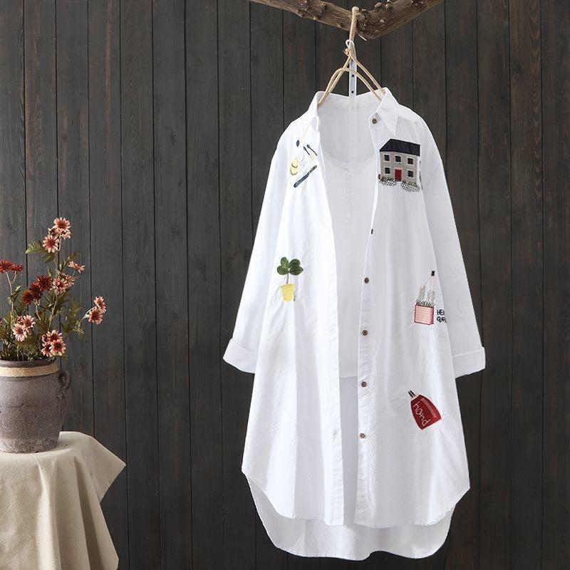 Cheky - Cotton shirt women's loose medium length top women's embroidered shirt jacket