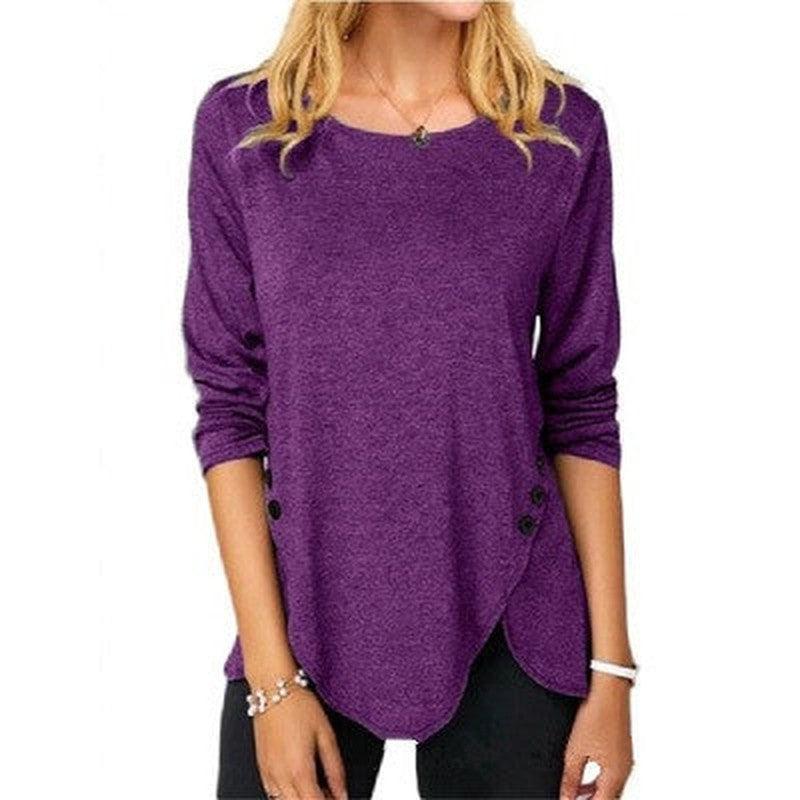 Cheky - Spring And Summer Hot Style Irregular Button Hem Long Sleeve Round Neck T-shirt