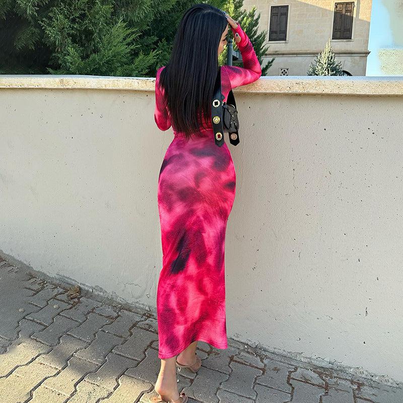 Cheky - Fashion Tie-dye Long-sleeved Dress Slim Fit Hip-hugging Long Dress Womens Clothing