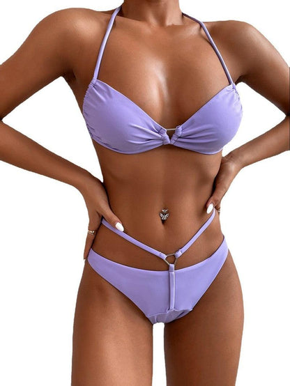 Cheky - The New Ins Net Red Style Bikini Drawstring Swimsuit Stand Alone Purple Triangle Ring Swimsuit