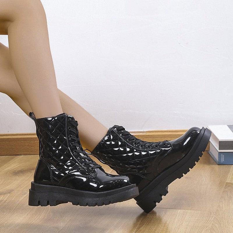 Cheky - Lace-up Thick-heeled Boots Winter Casual Round Toe Platform Ankle Boots Women Fashion Quilted Pattern Minimalist Motorcycle Shoes