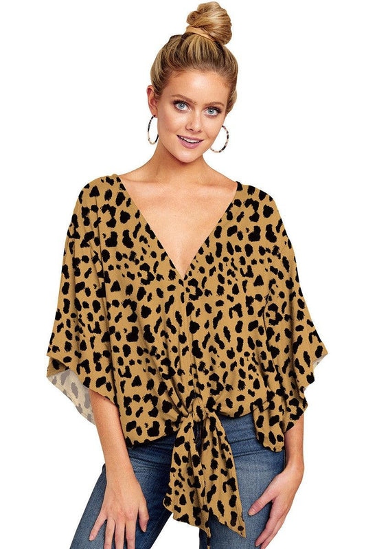 Cheky - New V Neck Blouse Women Leopard Print Shirts Floral Tie Front Blouses Batwing Summer Oversize Ladies Tops