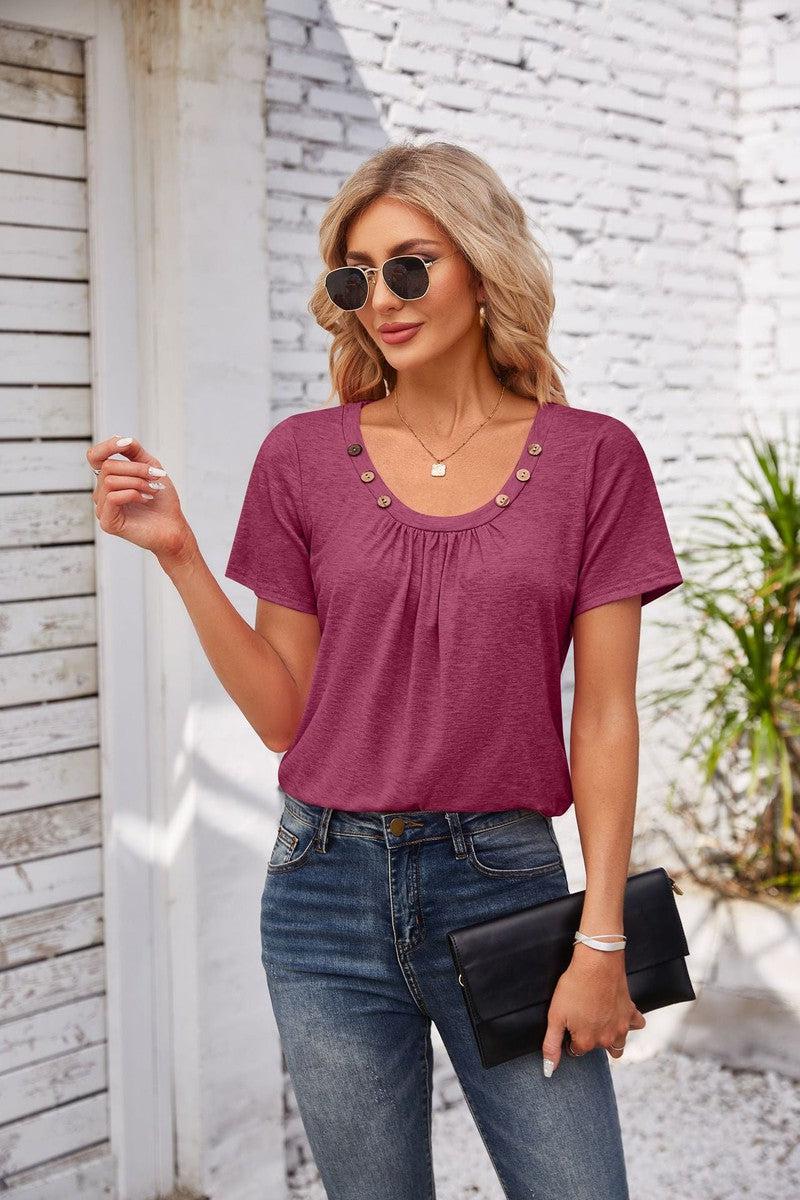 Cheky - Women's Short-sleeved T-shirt Summer Button Square Collar Pleated Design Solid Color Loose T-shirt Womens Clothing