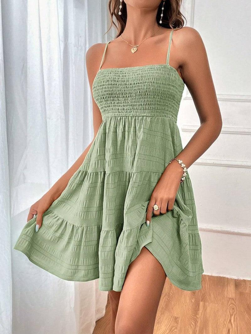 Cheky - Summer Square-collar Suspender Pleated Dress Fashion Solid Color Beach Dresses For Womens Clothing