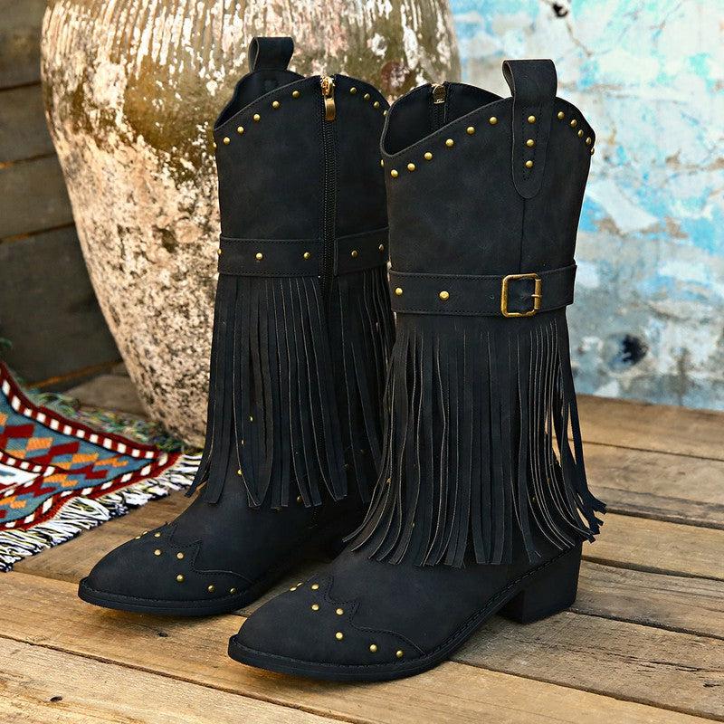 Cheky - Retro Tassel Boots With Rivet Strap Buckle Design Shoes For Women Winter Footwear Fashion Mid-calf Square Heel Knight Western Boots