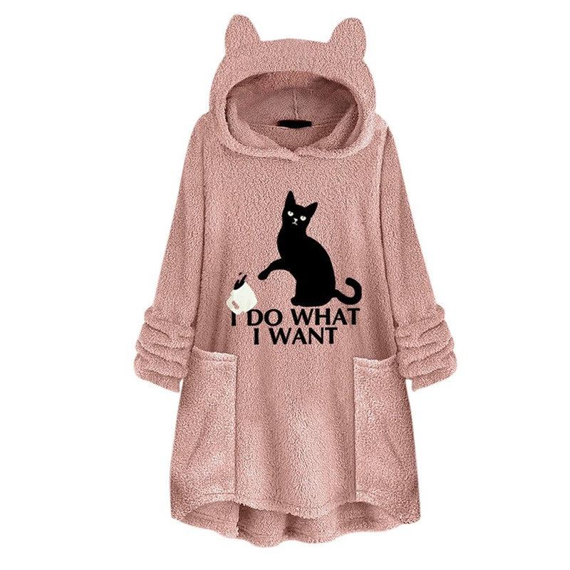 Cheky - Hooded Pullover Cat Print Long Sleeved Reversible Velvet Sweater