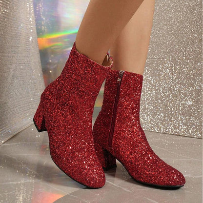 Cheky - New Fashion Sequin Boots For Women Square Heel Side Zipper Shoes Lady Street Party Evening Boots Winter Autumn Spring