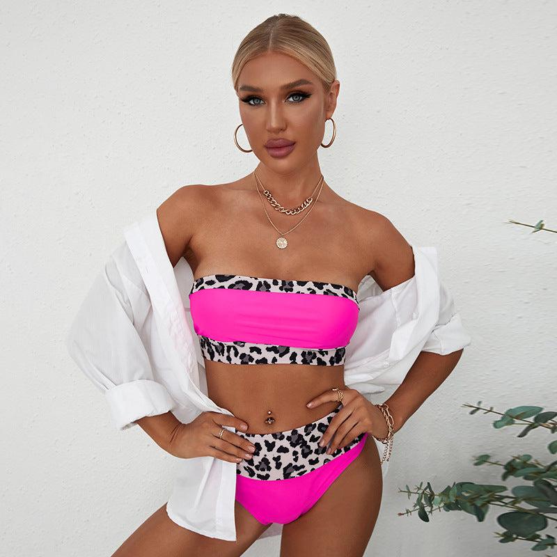 Cheky - Summer new bikini swimsuit leopard print stitching tube top sexy split swimsuit two piece