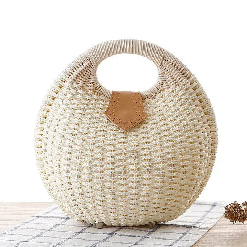 Cheky - Women's Natural Rattan Handwoven Round Shell Handbag Top-handle Bag Summer Fashion Bohemia Female Casual Tote Clutch Beach Bag