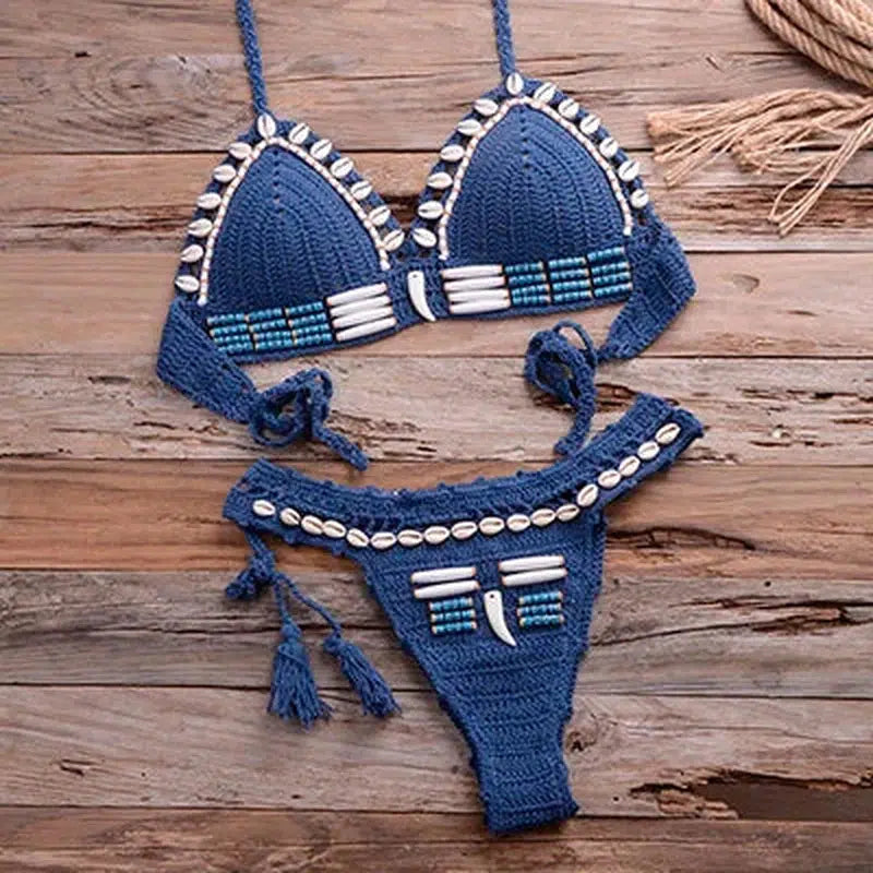 Cheky - Sexy Blue Shell Beaded Bikinis Set Handmade Crochet High Quality Swimsuit Women Push Up Swimwear Knitted Beach Wear Bathing Suit