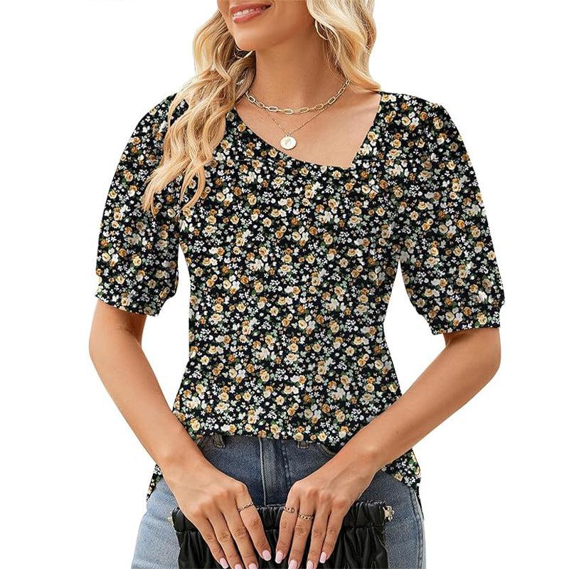 Cheky - Women's Short Sleeve Irregular Puff Sleeve Loose Floral T-shirt