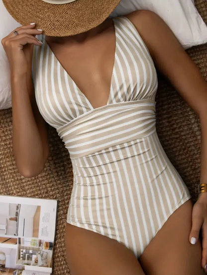 Cheky - Striped One Piece Swimsuit Vintage Swimwear Women V-neck Bathing Swimming Suit Female Summer Beachwear Bodysuit