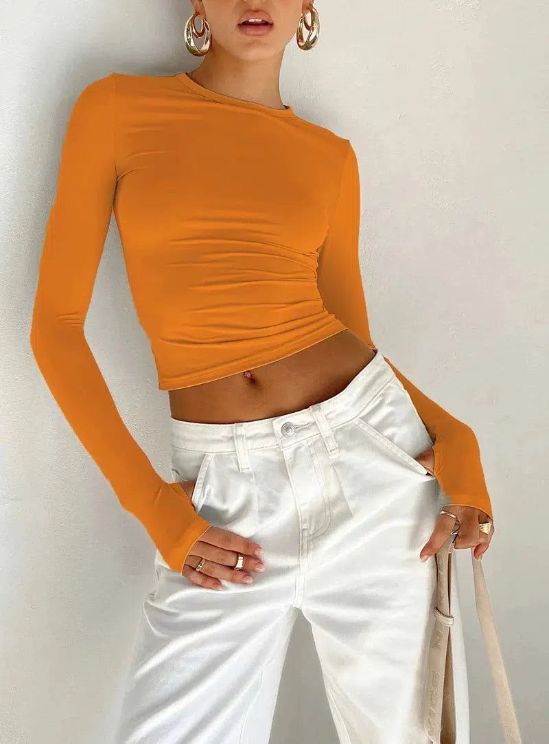 Cheky - Fashion Women T-shirt Long Sleeve Crew Neck Solid Slim Fit Ladies Crop Top with Thumb Holes for Daily Streetwear Summer Camis