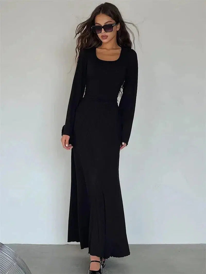 Cheky - Scoop Neck Ribbed Maxi Dress - Lace-Up Long Sleeve