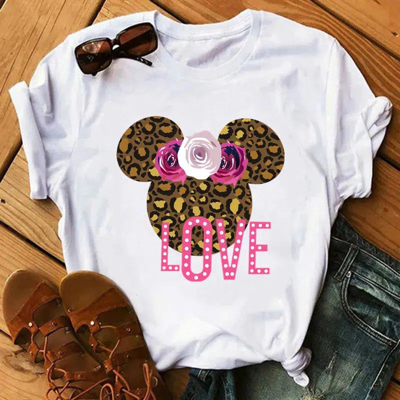 Cheky - Disney T Shirt Women Flower Minnie Mouse Clothes Leopard Print Kawaii T-Shirt Summer Tops Harajuku Black Women Tees