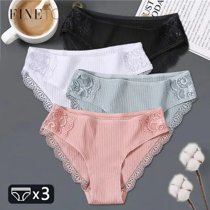 Cheky - FINETOO 3Pcs/set Women Cotton Panties M-2XL Low-Rise Underwear Trendy Patchwork Lace Briefs Female Soft Underpants Lingerie 2022