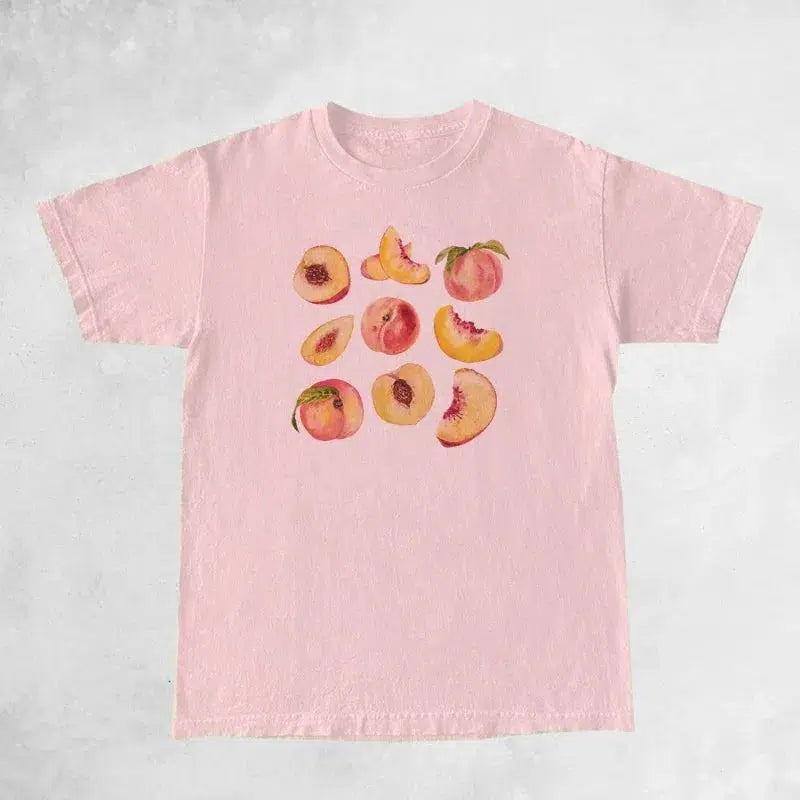 Cheky - Vintage Peaches Printed Graphic Tees Women Cute Cottagecore Aesthetic T-Shirts Short Sleeve Female Retro Grunge Tops Clothes