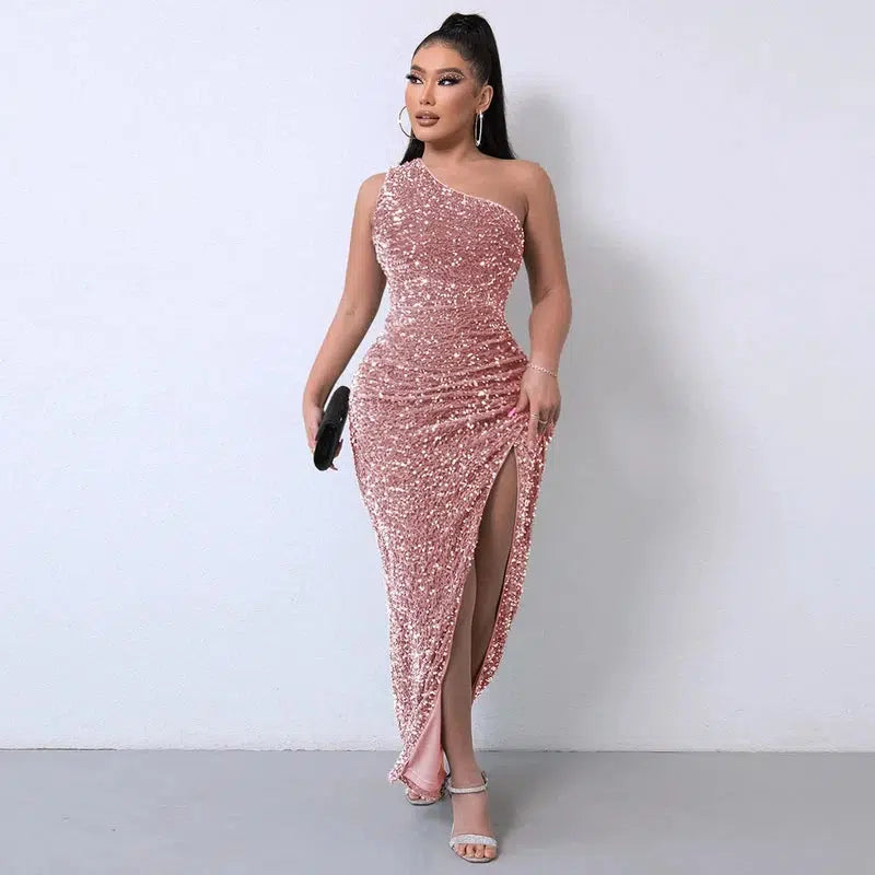 Cheky - Party Dresses For Women Sexy Sequin Night Robe One Shoulder Sleeveless Bodycon Evening Maxi Dress Clothing New Arrivals