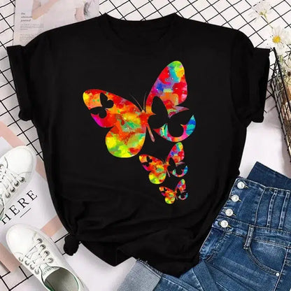 Cheky - New Fashion Women T-shirt Colorful Butterfly Petal Print Short Sleeve and Round Neck Cute Graphic Tee Shirts Female Tops Clothin