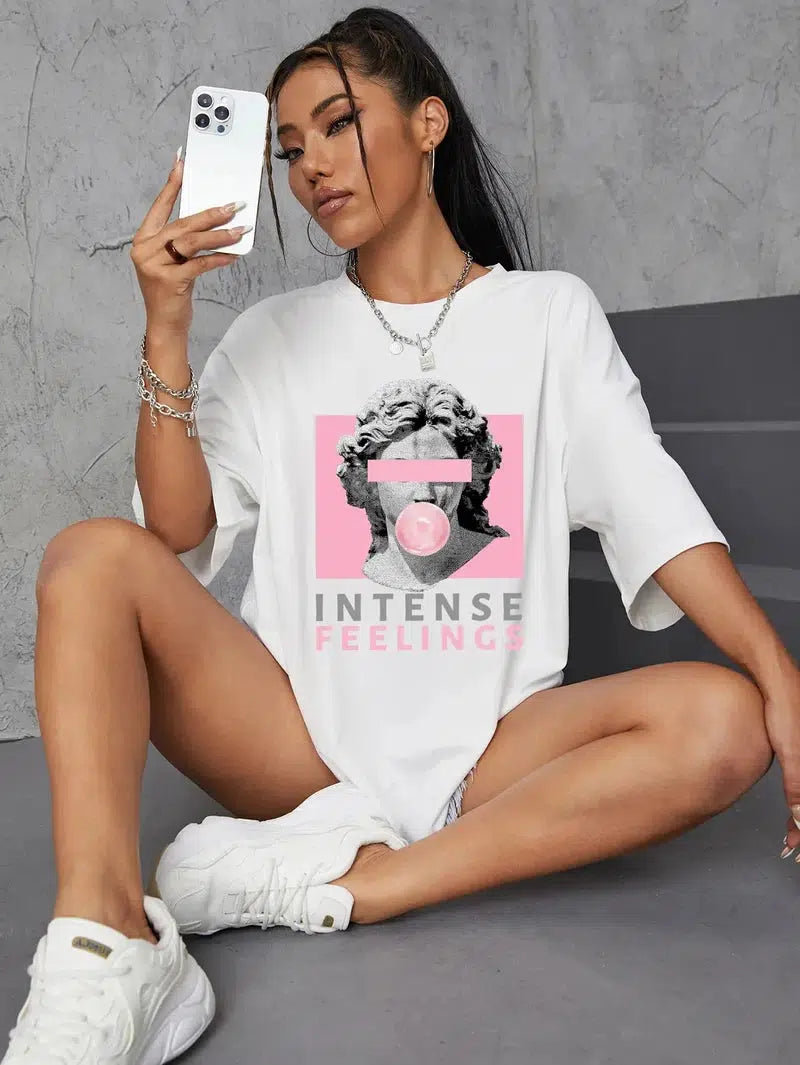 Cheky - INTENSE FEELINGS Street Hip Hop Female T-Shirts Loose Oversize Short Sleeve Soft Cotton Soft Tops Summer Breathable Tee Clothing