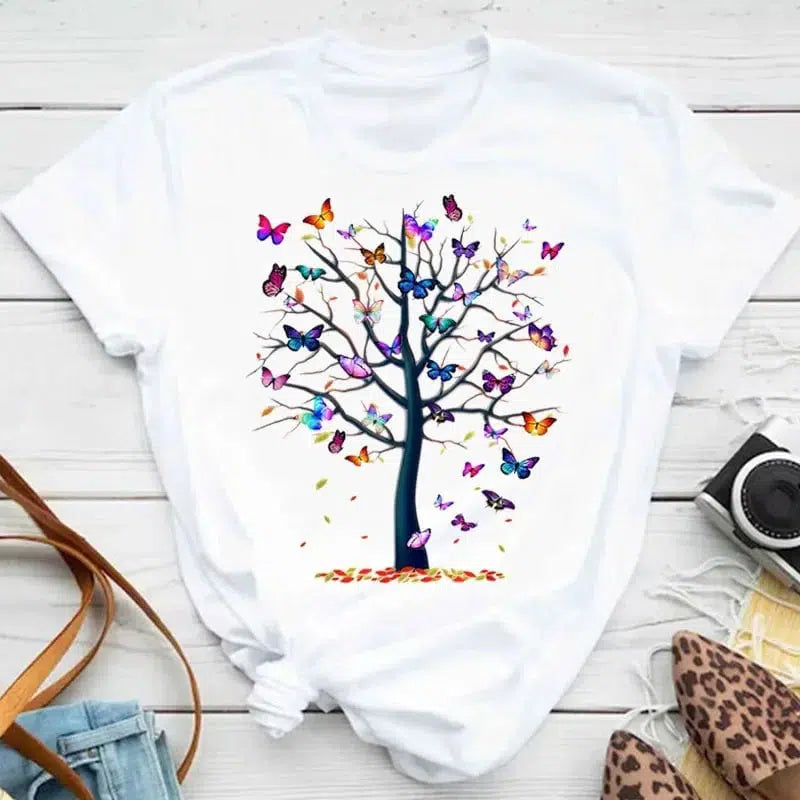 Cheky - New Fashion Women T-shirt Colorful Butterfly Petal Print Short Sleeve and Round Neck Cute Graphic Tee Shirts Female Tops Clothin