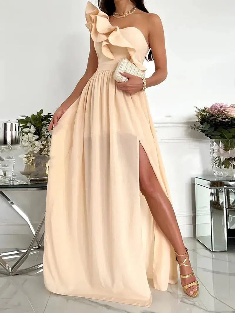 Cheky - Ladies Off Shoulder Diagonal collar Pleated Evening Dress Solid Sleeveless Ruffle Hem Elegant Dress Summer Sexy Slit Maxi Dress