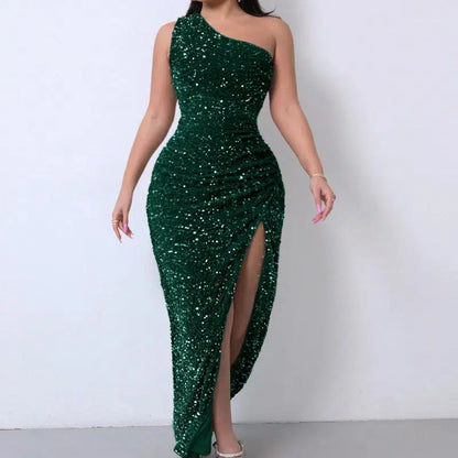 Cheky - Party Dresses For Women Sexy Sequin Night Robe One Shoulder Sleeveless Bodycon Evening Maxi Dress Clothing New Arrivals