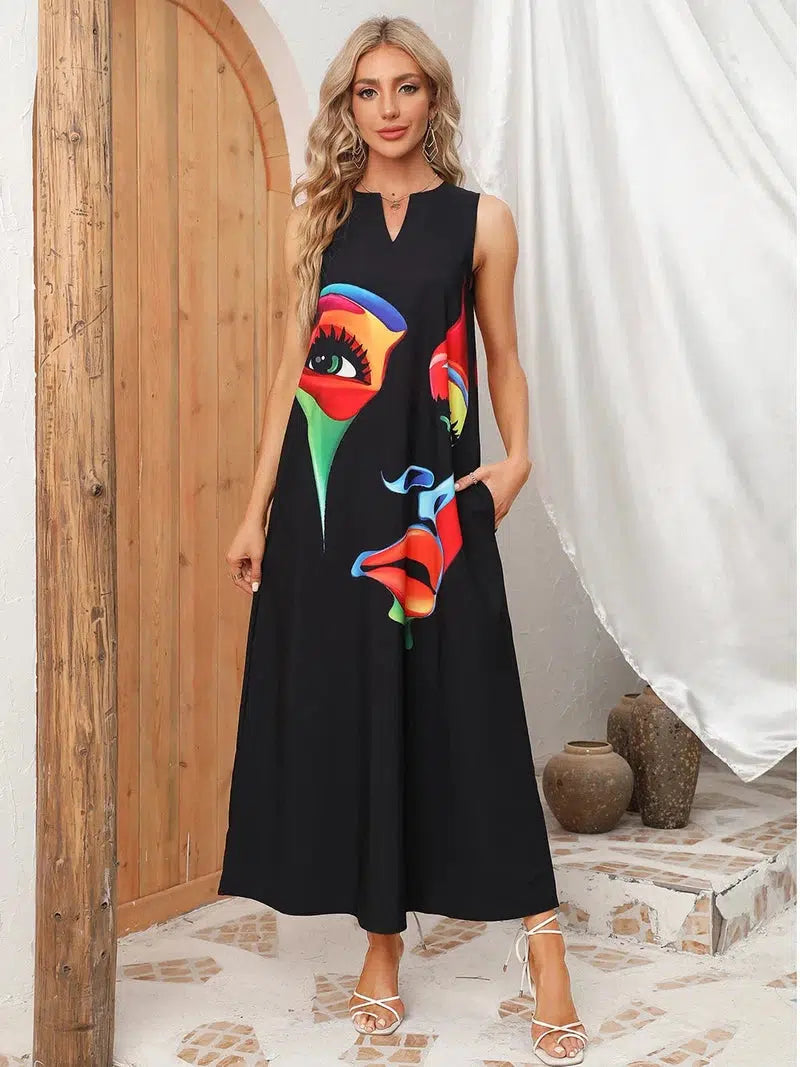 Cheky - Ladies Spring Summer Long Dress Women Black Sleeveless V-neck Loose Party Dresses Casual Face Print Vintage Beach Dress