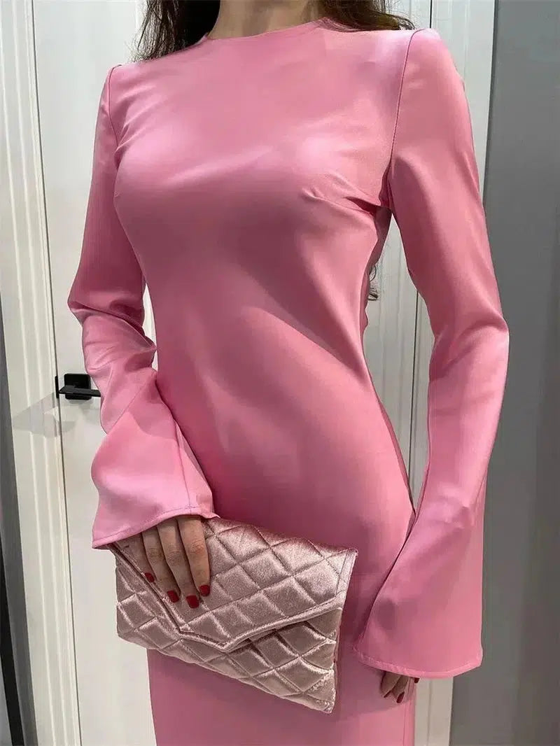 Cheky - Tossy Satin Fashion Slim Maxi Dress For Women Long Sleeve High Waist Elegant Solid Party Dress Casual Luxury Ladies Autumn Dress