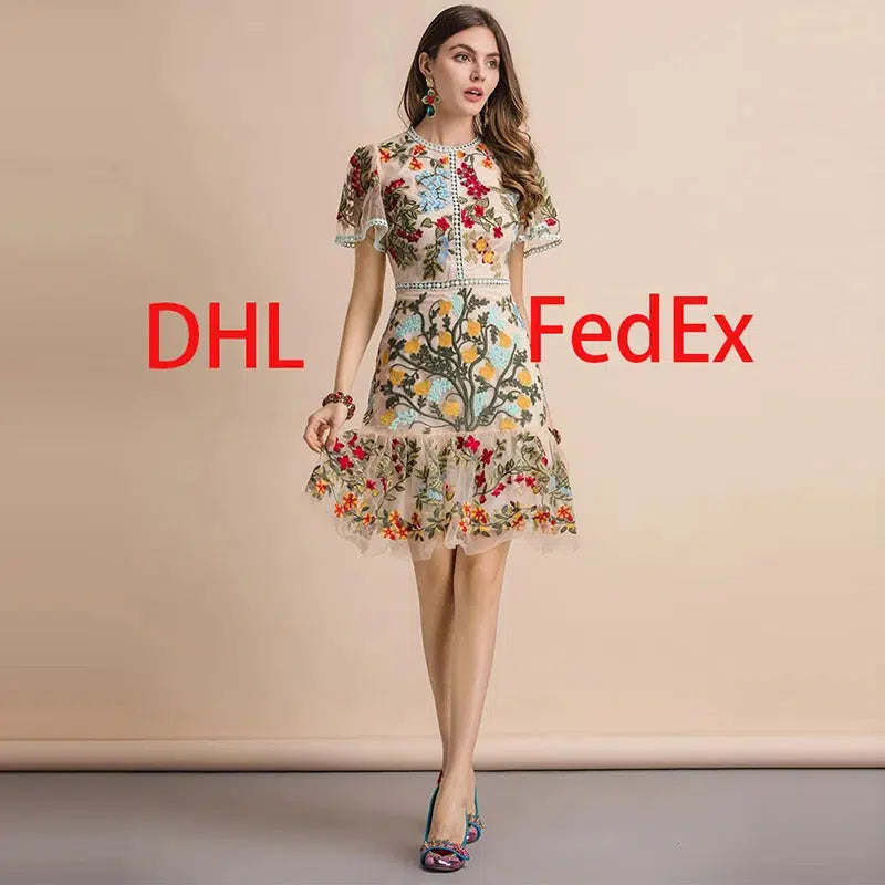 Cheky - LD LINDA DELLA New 2023 Fashion Runway Summer Dress Women's Flare Sleeve Floral Embroidery Elegant Mesh Hollow Out Midi Dresses