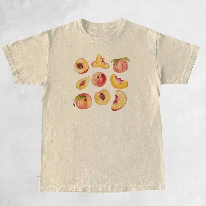 Cheky - Vintage Peaches Printed Graphic Tees Women Cute Cottagecore Aesthetic T-Shirts Short Sleeve Female Retro Grunge Tops Clothes