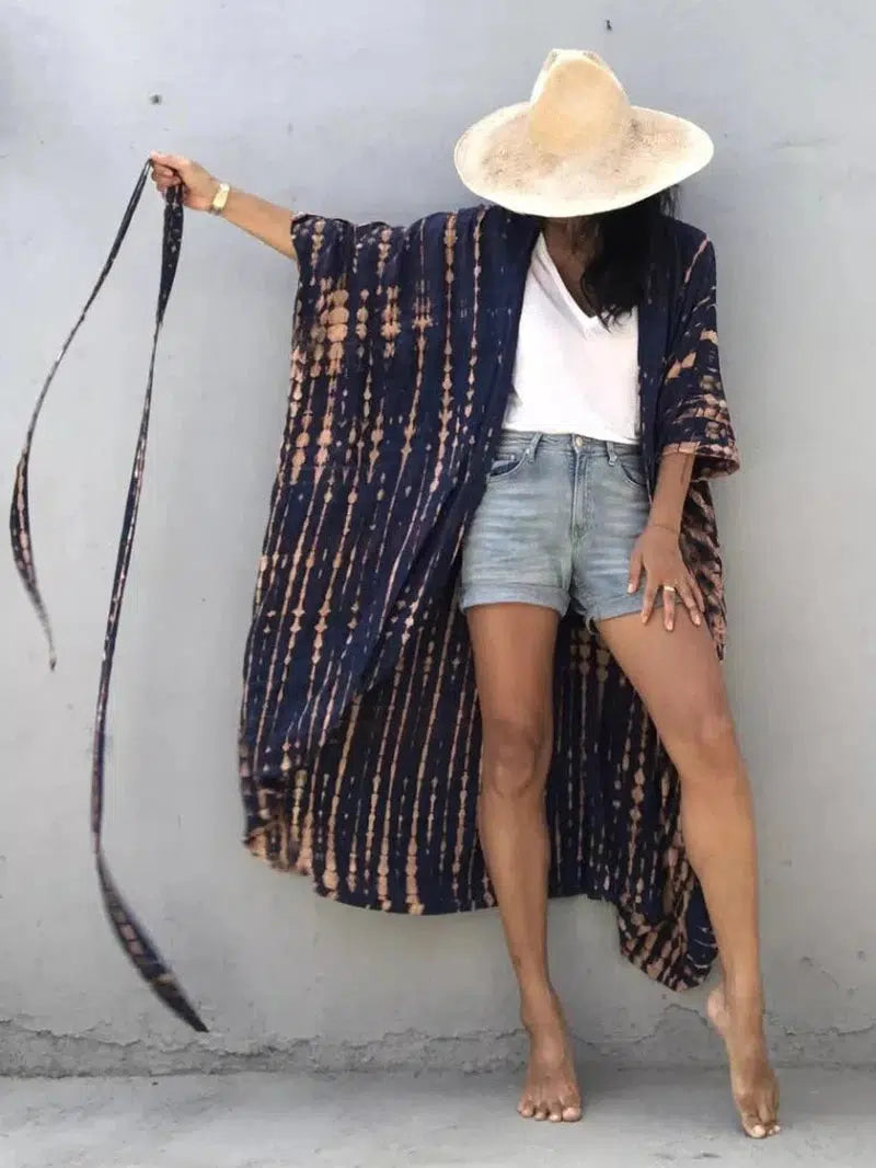 Cheky - Beach Cover Ups for Swimwear Women Black Tie Dye Kimono Swimsuit Cape Summer Dress 2022 Beachwear Outfits Sales