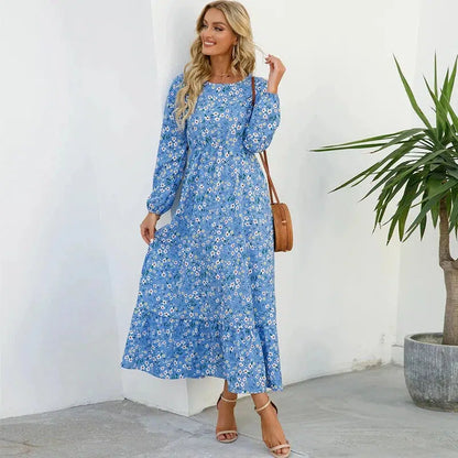 Cheky - 2023 Sping Summer Bohemian Women Maxi Dress Casual Long Sleeve High Waist Beach Woman Chiffon Dresses Floral Vestidoes Mujer New